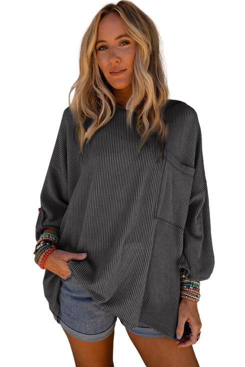 Ribbed Roll-tab Sleeve Chest Pocket Oversize Top